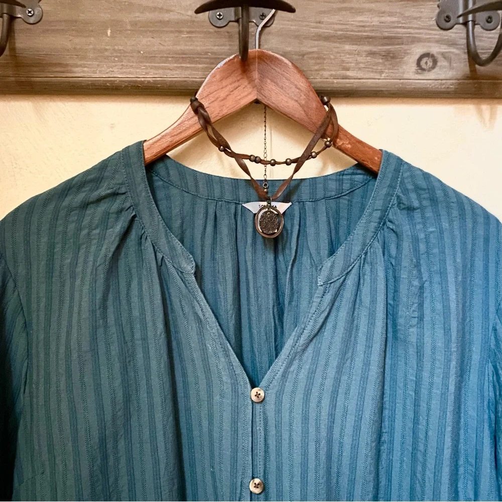 πͺΆ3/$35 SONOMA Embroidered Teal Green Button-Down Poof Sleeve Blouse-XL - Picture 3 of 16